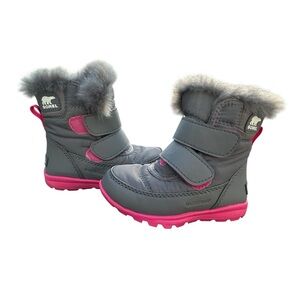Sorel Whitney Strap Boots Toddler Sz 7 Grey Pink Snow Winter Faux Fur Waterproof